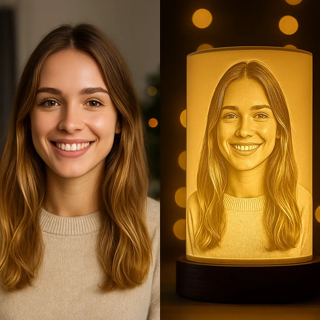 Portrait d’une femme transformé en lampe 3D cylindrique personnalisée AVANT APRÈS – ILM3D