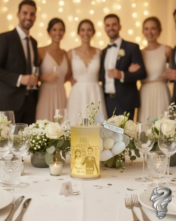 Lampe ILM3D Baby personnalisée utilisée comme centre de table de mariage avec photo des mariés