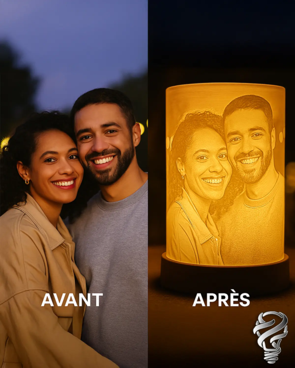 Portrait d’un couple transformé en lampe 3D totem personnalisée AVANT APRÈS – ILM3D