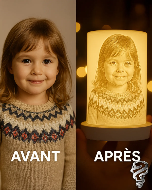 Portrait d’une fillette transformé en lampe 3D totem personnalisée AVANT APRÈS – ILM3D