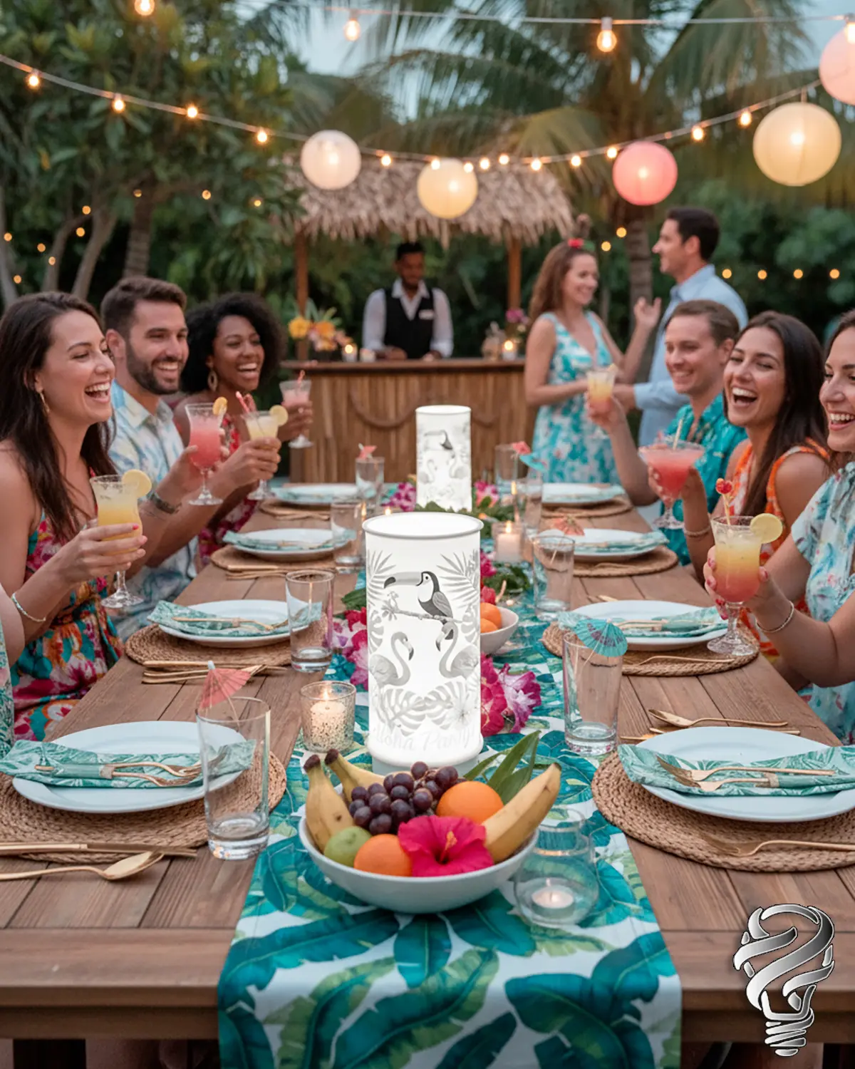 Lampe 3D totem tropical toucan ILM3D au centre d’une table de soirée entre amis