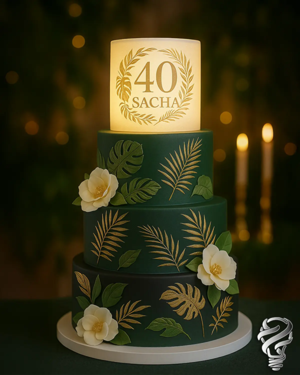 Lampe 3D ILM3D 40 ans Sacha sur gâteau d’anniversaire vert tropical